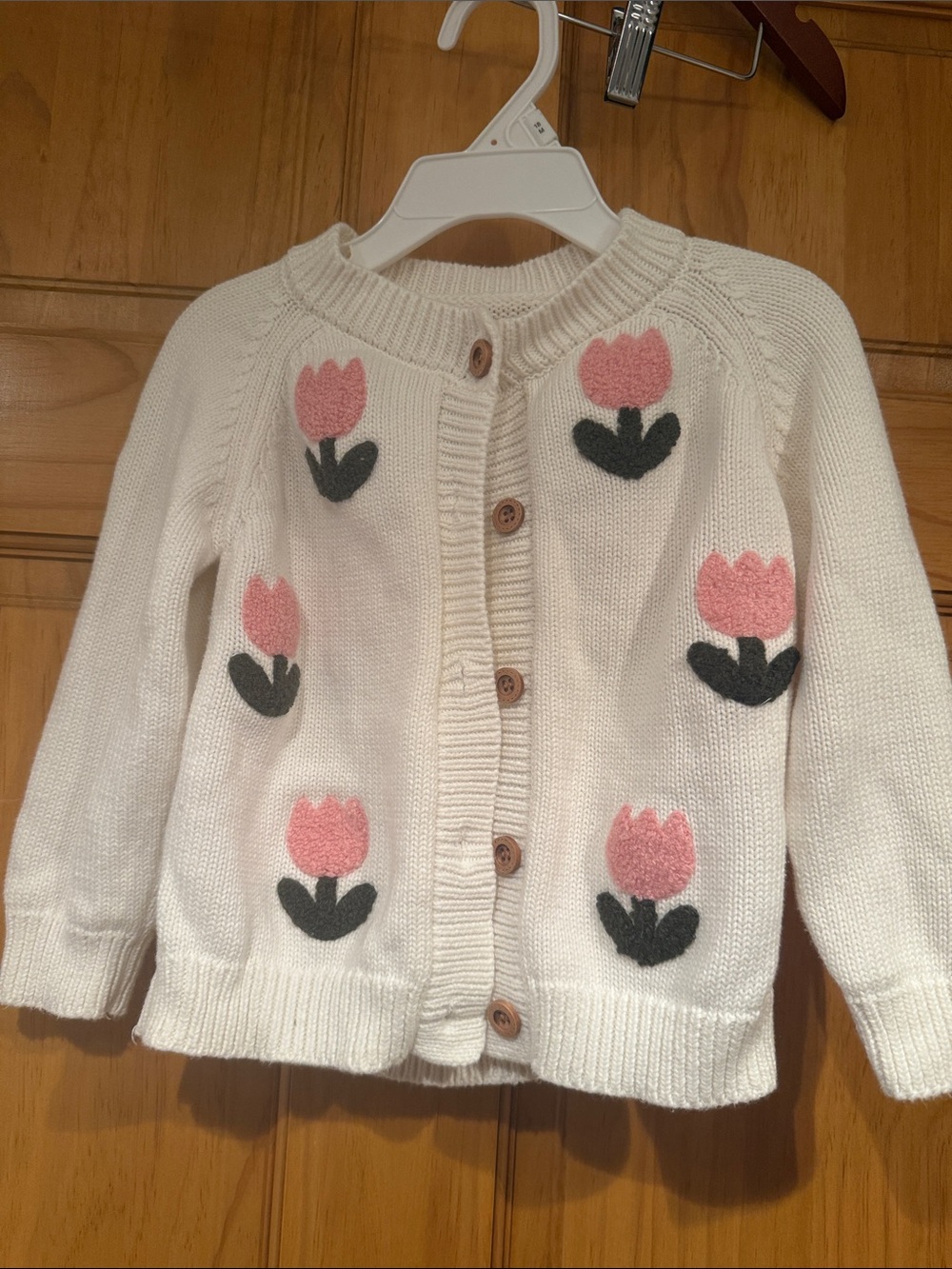 Cream Knit Kids Cardigan with Pink Tulip Appliqués